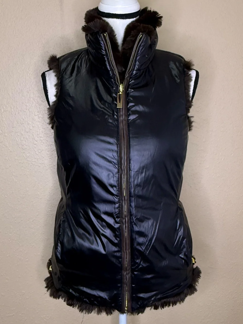 Reversible Via Spiga Chocolate Brown Faux Fur Puffer Vest Womens Zipper Front